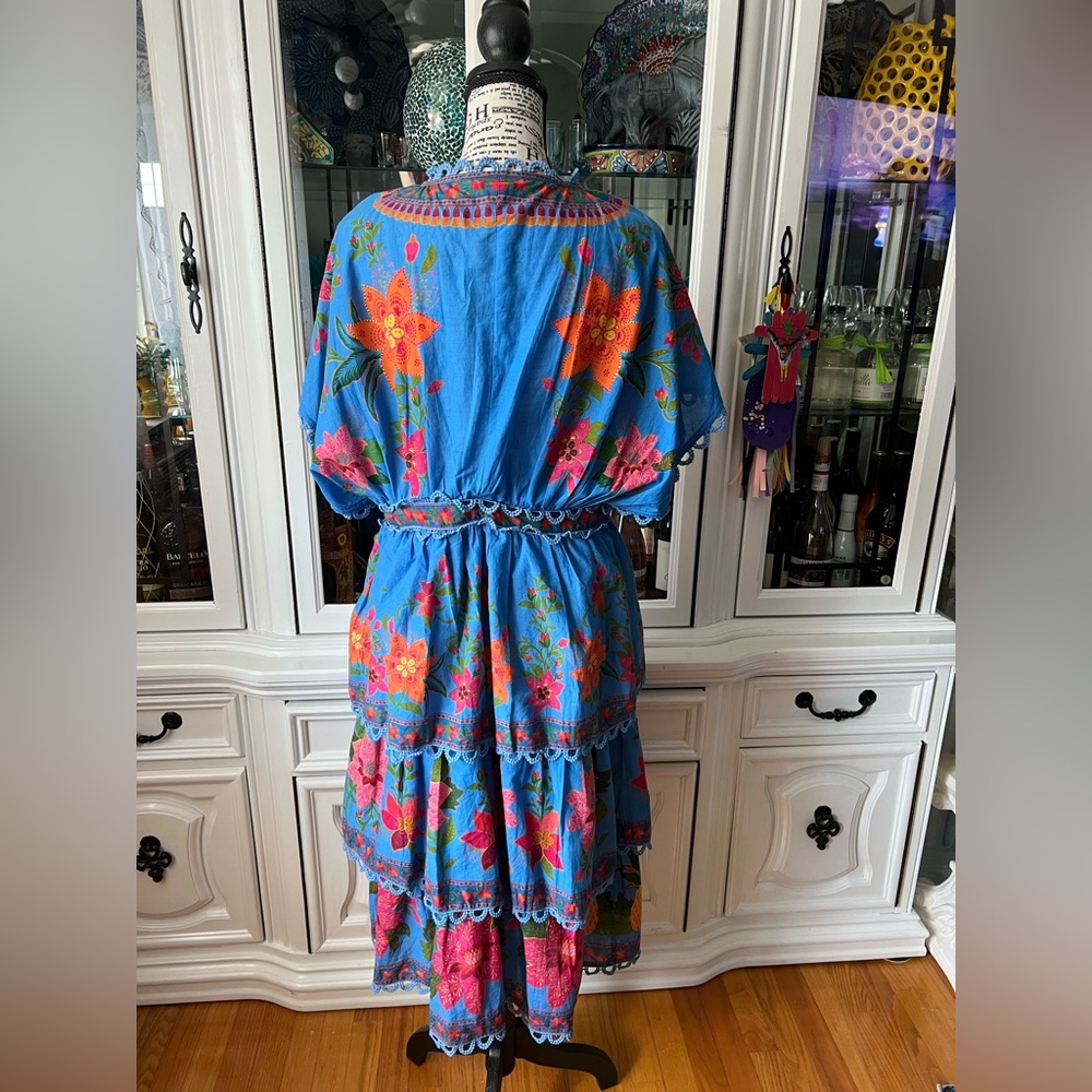 FARM Rio Blue and Pink Ruffled Tiered Midi Sundress M - Picture 4 of 13
